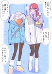  2girls absurdres ahoge black_pantyhose blue_eyes blue_jacket blush boots commentary_request cool_(gundam_suisei_no_majo) dated fur-trimmed_jacket fur_trim gundam gundam_suisei_no_majo high_collar highres holding_hands hots_(gundam_suisei_no_majo) interlocked_fingers jacket long_hair miorine_rembran multiple_girls orange_scarf outdoors pantyhose pink_eyes pink_sweater redhead scarf shadow speech_bubble suletta_mercury sweater thick_eyebrows translation_request twitter_username white_footwear white_hair white_jacket winter_clothes yuri_kyanon 