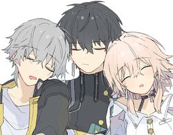  1girl 2boys black_choker black_hair black_jacket black_shirt buttons caelus_(honkai:_star_rail) choker closed_eyes closed_mouth dan_heng_(honkai:_star_rail) dot_nose drooling earrings frown grey_hair hair_between_eyes honkai:_star_rail honkai_(series) iiiiiiitto_all jacket jewelry leaning_on_person leaning_to_the_side light_blush march_7th_(honkai:_star_rail) mouth_drool multiple_boys off-shoulder_shirt off_shoulder open_clothes open_jacket open_mouth pink_hair shirt short_hair simple_background sleeping trailblazer_(honkai:_star_rail) turtleneck upper_body white_background white_shirt zipper zipper_pull_tab 