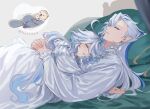  1boy 1girl animal bed blue_hair blush ceyce05e closed_eyes closed_mouth cuddling furina_(genshin_impact) genshin_impact grey_hair hair_between_eyes hug leisurely_otter_(genshin_impact) long_hair long_sleeves lying male_focus multicolored_hair neuvillette_(genshin_impact) on_back on_bed on_stomach pajamas pointy_ears sleeping sleeping_on_person twitter_username very_long_hair white_pajamas 