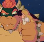  1boy 1girl bangle blonde_hair blue_eyes blush bowser bracelet crown earrings elbow_gloves fangs fangs_out furrowed_brow gloves highres horns in_palm jewelry long_hair looking_at_another mini_crown own_hands_clasped own_hands_together princess_peach puffy_short_sleeves puffy_sleeves red_eyes short_sleeves sidelocks size_difference softp3ach spiked_bracelet spiked_necklace spiked_shell spikes super_mario_bros. white_gloves 
