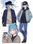  1boy :d alternate_costume aqua_hair baseball_cap black_headwear closed_mouth commentary_request cup grusha_(pokemon) hands_in_pockets hat highres holding holding_cup hood hood_down hoodie jacket long_sleeves male_focus mocacoffee_1001 multiple_views open_clothes open_jacket open_mouth pants pokemon pokemon_sv shoes signature sleeves_past_wrists smile steam sweater 