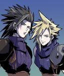  2boys armor belt black_hair blonde_hair blue_background blue_eyes blue_shirt brown_belt cloud_strife earrings final_fantasy final_fantasy_vii gradient_background hair_slicked_back jewelry looking_at_viewer male_focus medium_hair motsutei multiple_boys parted_lips scar scar_on_face shirt short_hair shoulder_armor shoulder_spikes sideburns single_bare_shoulder single_earring sleeveless sleeveless_turtleneck spikes spiky_hair suspenders turtleneck upper_body zack_fair 