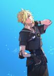  1boy black_gloves black_sailor_collar black_shirt black_shorts blonde_hair blue_background blue_eyes closed_mouth cloud_strife cloud_strife_(maritime_sailor) cowboy_shot crop_top dated elbow_pads final_fantasy final_fantasy_vii final_fantasy_vii_ever_crisis final_fantasy_vii_remake gloves hair_between_eyes hand_on_own_neck male_focus official_alternate_costume sailor_collar shirt short_hair shorts single_elbow_pad solo spiky_hair twitter_username wakakusa-e 