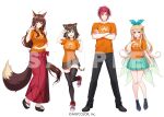  1boy 3girls ahoge animal_ears aqua_eyes black_footwear black_pants black_socks black_thighhighs blonde_hair blue_bow bow brown_hair brown_skirt cat_ears cat_tail crossed_arms fox_ears fox_shadow_puppet fox_tail full_body fumi_(nijisanji) fumino_tamaki green_skirt ha_yun hair_bow hand_on_own_chest long_hair long_skirt low-tied_long_hair meij_(meij00) multiple_girls nijisanji nijisanji_en nijisanji_kr official_art okobo orange_shirt pants pleated_skirt pomu_rainpuff red_eyes red_skirt redhead sample_watermark shirt simple_background skirt socks t-shirt tail thigh-highs very_long_hair watermark white_background yellow_eyes 