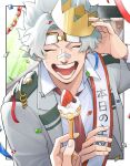  1boy bandaid bandaid_on_face bandaid_on_nose boku_no_hero_academia border cake closed_eyes collared_shirt confetti crown facing_viewer fingernails food fork fruit goggles goggles_on_head grey_jacket highres holding holding_fork jacket loud_cloud male_focus mini_crown necktie open_mouth red_necktie rnuyvm sash school_uniform shirt short_hair solo_focus strawberry teeth translation_request u.a._school_uniform white_border white_hair white_shirt 