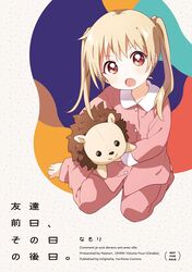  1girl barefoot blonde_hair child copyright_name doll holding holding_doll namori oomuro-ke open_mouth pajamas pink_pajamas red_eyes sitting solo stuffed_animal stuffed_lion stuffed_toy takasaki_misaki_(yuru_yuri) twintails v-shaped_eyebrows wariza yuru_yuri 