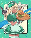  1girl alternate_costume apron bandaged_arm bandages blonde_hair burger clover dark-skinned_female dark_skin dress food four-leaf_clover french_fries frilled_apron frills green_dress green_headwear guilty_gear guilty_gear_strive hair_between_eyes highres long_hair lucifero_(guilty_gear) motozaki_mio orange_eyes puffy_short_sleeves puffy_sleeves ramlethal_valentine short_sleeves thigh-highs tray waist_apron waitress white_apron white_thighhighs wrist_cuffs yellow_eyes 