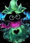  1boy animal_ears black_fur bright_pupils city commentary deltarune furry furry_male glasses goat green_horns green_robe hat heart heart-shaped_hole highres horns iridescent male_focus night night_sky outdoors purple_scarf ralsei robe round_eyewear scarf sky skyline solo upper_body witch_hat youko-shima 