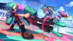  1boy 1girl absurdres aqua_hair bike_shorts black_footwear black_hairband black_shorts blue_eyes blue_sky clouds earrings full_body gun hairband heavy_splatling_(splatoon) highres holding holding_gun holding_weapon ink_tank_(splatoon) inkling inkling_girl jewelry jumping medium_hair miitara octoling octoling_boy paint pink_shirt pointy_ears red_shirt shirt shoes short_hair shorts sky splat_bomb_(splatoon) splatoon_(series) splatoon_3 splattershot_(splatoon) weapon 