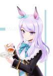  1girl animal_ears as&#039;maria black_coat bow bowtie closed_mouth coat cup ear_bow holding holding_cup holding_saucer horse_ears long_sleeves looking_at_viewer mejiro_mcqueen_(umamusume) purple_hair saucer smile solo tea teacup umamusume upper_body violet_eyes 