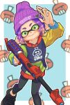  1boy arm_up beanie black_footwear black_leggings blue_background border commentary_request cross-laced_footwear green_eyes gun hat highres holding holding_gun holding_weapon inkling inkling_boy leggings looking_at_viewer nastar_r0 purple_hair purple_headwear shoes short_hair smile solo splat_charger_(splatoon) splatoon_(series) splatoon_3 weapon white_border 