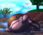 animal_focus artist_name black_eyes blue_sky blurry blurry_background clodsire clouds commentary_request dark_skin flamigo flying no_humans open_mouth paldean_wooper pokemon pokemon_(creature) sky smile sreg_ao_art tree wings 