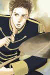  1boy band_uniform black_jacket brown_eyes brown_hair clothes_pull cymbals drumming drumsticks epaulettes highres holding holding_drumsticks instrument jacket kawabuchi_sentarou kodama_yuki looking_to_the_side male_focus official_art rosary sakamichi_no_apollon scar scar_on_cheek scar_on_face solo sweat uniform upper_body wavy_hair 