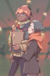  2boys bag berry_(pokemon) blurry blurry_background bread brown_hair closed_eyes closed_mouth commentary_request dark-skinned_male dark_skin earrings food from_side green_eyes grey_hair headband hood hood_down hoodie jewelry kabu_(pokemon) long_sleeves male_focus multiple_boys nyoripoke orange_headband pants paper_bag pokemon pokemon_swsh raihan_(pokemon) short_hair smile 