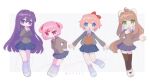 :d :o anzen_robo_(474zz) blue_eyes blue_skirt bow breasts brown_hair brown_sweater_vest buttons closed_mouth collared_shirt doki_doki_literature_club flat_chest full_body green_eyes grey_jacket hair_between_eyes hair_bow hair_intakes hair_ornament hair_ribbon hairclip hand_on_own_chest hands_on_own_hips heart highres jacket large_breasts long_hair looking_at_viewer medium_breasts monika_(doki_doki_literature_club) multiple_girls natsuki_(doki_doki_literature_club) open_clothes open_jacket open_mouth pink_eyes pink_hair pleated_skirt ponytail purple_hair ribbon sayori_(doki_doki_literature_club) school_uniform shirt skirt smile socks sweater_vest twitter_username violet_eyes white_footwear white_ribbon white_shirt white_socks x_hair_ornament yuri_(doki_doki_literature_club) 