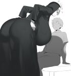  1boy 1girl ass breasts coco_(setawar) gigantic_breasts highres meme monochrome nun simple_background sitting 