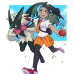  1girl :d backpack bag black_hair black_pantyhose collared_shirt commentary_request eyelashes fingerless_gloves freckles gloves green_hair holding holding_poke_ball meowscarada multicolored_hair necktie nemona_(pokemon) open_mouth orange_necktie orange_shorts pantyhose poke_ball poke_ball_(basic) pokemon pokemon_(creature) pokemon_sv ponytail sagemaru-br shirt shoes short_sleeves shorts single_glove smile teeth tongue two-tone_hair white_shirt 