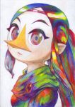  1girl absurdres beak blue_hair breasts circlet commentary_request green_eyes green_hair highres medium_breasts medli multicolored_eyes multicolored_hair o_den pointy_ears ponytail red_eyes redhead solo the_legend_of_zelda the_legend_of_zelda:_the_wind_waker upper_body 