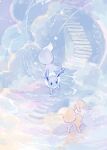  alternate_color animal_focus blue_eyes blue_theme brick brick_wall clouds commentary_request ears_back eevee facing_away fantasy fox_tail highres looking_at_another no_humans on_cloud pokemon pokemon_(creature) shiny_pokemon sky stairs standing standing_on_liquid star_(sky) star_(symbol) tail water yurano_(upao) 