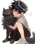  1boy 2222_02 absurdres animal animal_hug bad_id bad_twitter_id black_hair black_shorts blue_eyes closed_mouth fushiguro_megumi grey_shirt highres hug jujutsu_kaisen looking_at_viewer shikigami shirt short_hair shorts simple_background tail white_background white_footwear wolf wolf_tail 