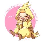  1boy 1girl aerith_gainsborough animal_hood bird_hood blonde_hair blush border brown_hair chibi chocobo closed_eyes cloud_strife final_fantasy final_fantasy_vii final_fantasy_vii_ever_crisis final_fantasy_vii_remake halloween_costume hand_to_own_mouth hood hood_up jo_ro_ri mascot_costume official_alternate_costume open_mouth parted_bangs pink_background sidelocks sitting smile spiky_hair teeth twitter_username upper_teeth_only white_border 