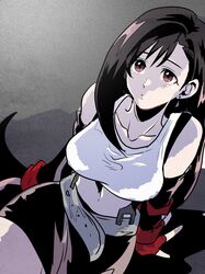  1girl arms_behind_back bare_shoulders belt black_gloves black_hair black_skirt breasts brown_hair collarbone cowboy_shot crop_top dangle_earrings earrings elbow_gloves final_fantasy final_fantasy_vii fingerless_gloves gloves grey_belt hair_tie highres jewelry large_breasts light_blush long_hair looking_up low-tied_long_hair miniskirt motsutei parted_lips red_gloves shirt sitting skirt sleeveless sleeveless_shirt solo swept_bangs tifa_lockhart white_shirt 