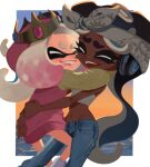  2girls bandana black_hair blue_hair blue_pants border breasts closed_eyes commentary crop_top crown dark-skinned_female dark_skin denim dusk feet_out_of_frame furrowed_brow gradient_hair groin headphones highres hug jeans ka1_(k4k37) long_hair marina_(splatoon) mole mole_under_mouth multicolored_hair multiple_girls navel ocean open_mouth outdoors outside_border oversized_clothes pants pearl_(splatoon) pink_hair pink_sweater shirt short_bangs short_eyebrows sky sleeveless sleeveless_shirt small_breasts splatoon_(series) splatoon_2 standing sweater teeth tentacle_hair thick_eyebrows two-tone_hair two-tone_sweater upper_teeth_only very_long_hair white_border white_footwear white_hair yellow_sweater 