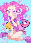  1girl absurdres black_shorts blue_background closed_mouth commentary_request eyelashes heart highres medium_hair octoling octoling_girl payayo884 pink_hair short_shorts shorts signature single_bare_shoulder single_tear sitting solo splatoon_(series) tears tentacle_hair thick_eyebrows twintails violet_eyes 