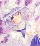  1girl alto2019 blue_vest juliet_sleeves letty_whiterock long_sleeves looking_at_viewer marker_(medium) puffy_sleeves purple_hair sample_watermark scarf shirt solo touhou traditional_media vest violet_eyes watermark white_headwear white_scarf white_shirt 