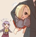  1other 2girls :d black_hoodie black_jacket black_necktie blonde_hair blush bow brown_background brown_eyes brown_skirt carrying carrying_under_arm collared_shirt commentary_request flying_sweatdrops grey_hair grey_jacket hair_flaps hair_intakes hair_ornament hair_over_one_eye hairclip highres hood hood_down hoodie idolmaster idolmaster_cinderella_girls jacket koshimizu_sachiko long_sleeves multiple_girls necktie producer_(idolmaster) puffy_long_sleeves puffy_sleeves shirasaka_koume shirt short_eyebrows simple_background skirt sleeves_past_fingers sleeves_past_wrists smile suit thick_eyebrows translation_request v-shaped_eyebrows white_shirt yellow_bow yukie_(kusaka_shi) 