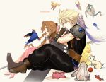  1boy 1girl aerith_gainsborough armor baggy_pants bangle belt bird black_pants black_shirt blonde_hair blue_eyes boots bracelet braid braided_ponytail brown_belt brown_footwear brown_gloves brown_hair bug buster_sword butterfly chocobo cloud_strife dress earrings final_fantasy final_fantasy_vii full_body gloves hair_bobbles hair_ornament hair_ribbon hand_on_own_cheek hand_on_own_face highres jacket jewelry light_smile long_dress long_hair materia official_alternate_costume pants parted_bangs pink_dress pink_footwear pink_ribbon rabbit red_jacket ribbon ring shirt short_hair shoulder_armor sidelocks single_braid sitting sleeveless sleeveless_turtleneck softp3ach spiky_hair suspenders turtleneck twitter_username wavy_hair 