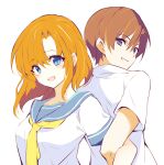  1boy 1girl :d back-to-back blue_eyes blue_sailor_collar blush bright_pupils brown_hair commentary eyelashes eyes_visible_through_hair grin hair_between_eyes hetero higurashi_no_naku_koro_ni locked_arms looking_at_viewer looking_back maebara_keiichi neckerchief open_mouth orange_hair ryuuguu_rena sailor_collar school_uniform serafuku shirt short_hair simple_background smile suzuragi_karin upper_body violet_eyes white_background white_shirt yellow_neckerchief 