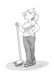  1girl breasts broom commentary_request freckles full_body greyscale hair_ornament hairclip hand_on_own_hip highres large_breasts monochrome o_den original pants ponytail sandals shirt solo t-shirt 
