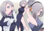  1girl absurdres alternate_costume alternate_hairstyle aqua_eyes black_bow black_bowtie black_dress bow bowtie breasts butler cellphone dress feet_out_of_frame female_butler girls_frontline gloves grey_hair hair_over_one_eye headphones highres looking_at_viewer medium_hair mg5_(girls&#039;_frontline) multiple_views phone second-party_source smartphone tank_top upper_body wakimae62 white_gloves 