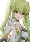  1girl blowing_kiss breasts c.c. code_geass creayus earrings gold_trim green_hair hand_up jewelry looking_at_viewer medium_breasts parted_lips solo twintails upper_body yellow_eyes 