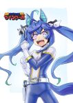 1girl @_@ ahoge alternate_costume animal_ears as&#039;maria belt blue_hair blue_pants blue_turbo blue_turbo_(cosplay) bow clenched_hands cosplay cowboy_shot crossed_bangs hair_bow hands_up heterochromia holster horse_ears horse_girl horse_tail kousoku_sentai_turboranger logo_parody long_hair looking_at_viewer open_mouth pants pink_eyes sharp_teeth shirt signature skin_tight smile solo super_sentai tail teeth turtleneck twin_turbo_(umamusume) twintails umamusume violet_eyes white_background