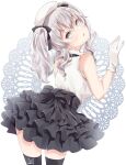  1girl alternate_costume beret black_ribbon black_skirt frilled_skirt frills from_behind gloves grey_eyes grey_hair hair_ribbon hat highres kantai_collection kashima_(kancolle) kukimaru layered_skirt long_hair looking_at_viewer looking_back ribbon shirt skirt sleeveless sleeveless_shirt solo twintails white_gloves white_headwear white_shirt 