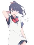  1girl ass black_hair black_shirt black_skirt blue_eyes blush bow bowtie breasts cardigan gridman_universe gridman_universe_(film) highres long_hair looking_at_viewer pleated_skirt red_bow school_uniform scrunchie shirt short_sleeves simple_background sitnon skirt solo takarada_rikka thighs wrist_scrunchie 