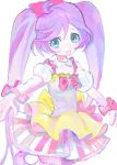  1girl :d ahoge blue_eyes bow detached_collar detached_sleeves dress hair_bow highres long_hair looking_at_viewer manaka_laala multicolored_clothes multicolored_dress open_mouth pink_bow pretty_series pripara puffy_detached_sleeves puffy_sleeves purple_hair reneshoku_purin short_dress simple_background sleeveless sleeveless_dress smile solo twintails very_long_hair white_background white_sleeves wrist_bow 