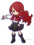 1girl black_footwear black_skirt bow buttons closed_mouth doradorakingyo drop_shadow full_body hair_over_one_eye kirijou_mitsuru long_hair long_sleeves official_style persona persona_3 puyopuyo puyopuyo_quest red_bow red_eyes redhead s.e.e.s shirt skirt smile solo twitter_username white_background white_shirt 