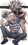  2boys anger_vein dark-skinned_male dark_skin earrings highres jewelry long_hair male_focus middle_finger millennium_ring millennium_rod multiple_boys on_ground playing_with_another&#039;s_hair shirt smile striped striped_shirt violet_eyes xiao_(creation0528) yami_bakura yami_marik yu-gi-oh! yu-gi-oh!_duel_monsters 