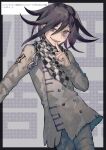  1boy black_hair border buttons chain character_name checkered_clothes checkered_scarf danganronpa_(series) danganronpa_v3:_killing_harmony hair_between_eyes highres index_finger_raised long_sleeves looking_at_viewer male_focus migato oma_kokichi open_mouth pants purple_hair scarf simple_background solo straitjacket violet_eyes 