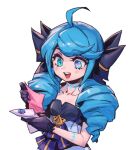  1girl ahoge black_bow black_gloves bow breasts collarbone dress drill_hair gloves green_eyes green_hair gwen_(league_of_legends) hair_bow holding league_of_legends long_hair phantom_ix_row small_breasts smile solo teeth twin_drills twintails 