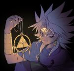  1boy black_background commentary_request dark dark-skinned_male dark_skin earrings glowing jewelry long_hair male_focus millennium_ring smile upper_body violet_eyes yagamikan yami_marik yu-gi-oh! yu-gi-oh!_duel_monsters 