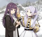  2girls book breasts capelet commentary_request earrings elf fern_(sousou_no_frieren) frieren green_eyes hair_over_shoulder holding holding_book jacket jewelry large_breasts long_hair looking_at_another multiple_girls nyoro_(nyoronyoro000) pointy_ears purple_hair snow sousou_no_frieren twintails violet_eyes white_hair 