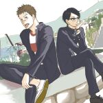  2boys bandaid bandaid_on_face bandaid_on_forehead black_footwear black_hair black_jacket black_pants brown_hair building crane_(machine) crossed_legs feet_out_of_frame gakuran glasses hand_on_own_face hand_on_own_leg highres jacket kawabuchi_sentarou kodama_yuki looking_at_viewer looking_to_the_side male_focus multiple_boys nishimi_kaoru official_art outdoors pants rectangular_eyewear red_shirt sakamichi_no_apollon scar scar_on_cheek scar_on_face school_uniform shirt short_hair sitting striped striped_shirt tongue tongue_out watch watch white_footwear white_shirt 