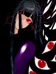  1girl black_hair blood e.g.o_(project_moon) highres jacket limbus_company long_hair looking_at_viewer project_moon purple_jacket red_eyes ryoshu_(project_moon) sidelocks silk solo spider_bud spider_web very_long_hair y0ru73 