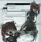  1girl brown_hair circular_saw english_commentary english_text finger_in_own_mouth highres joints juniper_(artist) looking_at_viewer mechanical_legs open_mouth original red_eyes robot_girl robot_joints saw sign twintails uneven_eyes warning_sign window_(computing) 