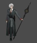  1girl alternate_universe black_coat black_pants black_vest coat collared_shirt dongbaek_(project_moon) grey_background highres holding holding_weapon limbus_company looking_at_viewer necktie pants project_moon red_necktie shan23852196 shirt short_hair simple_background solo vest weapon white_hair white_shirt yellow_eyes 