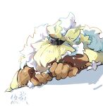  1other belt black_belt body_fur brown_fur brown_gloves digimon digimon_(creature) floppy_ears furry gloves highres looking_at_viewer lying on_stomach orange_eyes simple_background solo symbareangoramon white_background white_fur yellow_fur youzaiyouzai112 